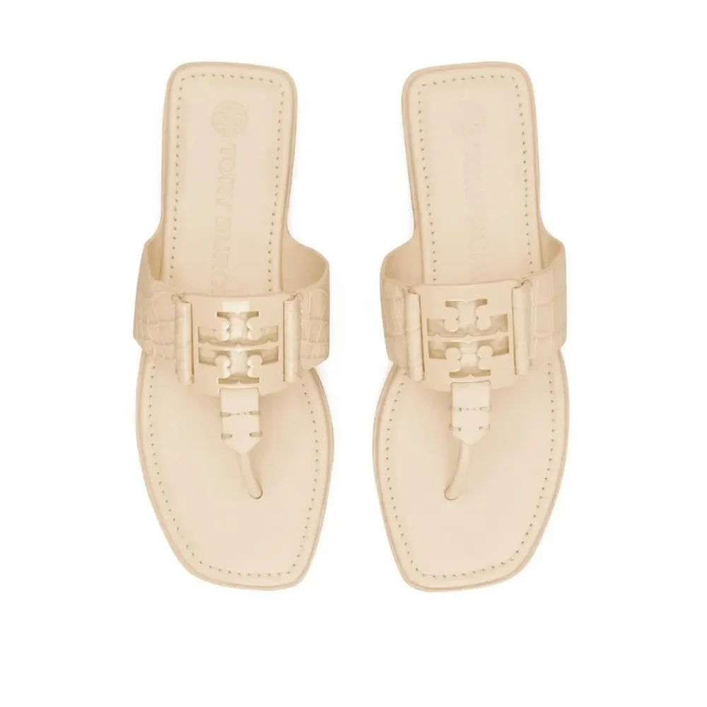 Tory Burch Metal Logo Croc Cream Sandals Size 8,5